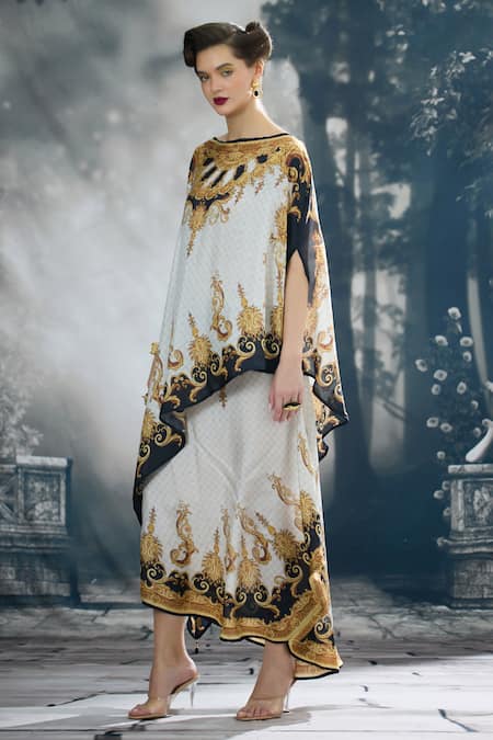 Shop_Rajdeep Ranawat_Black Silk Embroidery Boat Neck Kamini Regal Print Asymmetric Top With Skirt _Online_at_Aza_Fashions