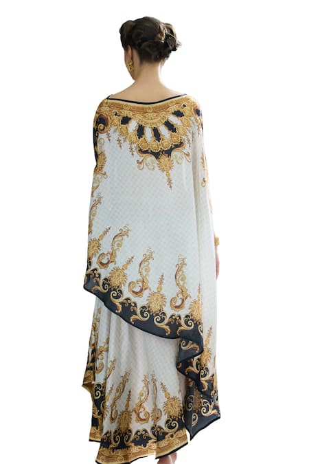 Rajdeep Ranawat_Black Silk Embroidery Boat Neck Kamini Regal Print Asymmetric Top With Skirt _at_Aza_Fashions