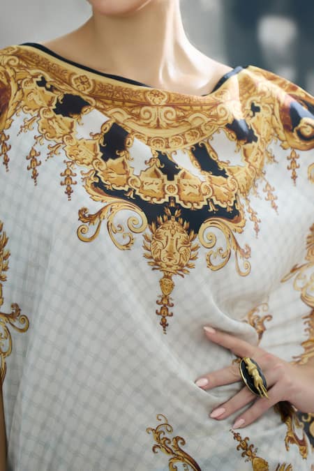 Buy_Rajdeep Ranawat_Black Silk Embroidery Boat Neck Kamini Regal Print Asymmetric Top With Skirt 