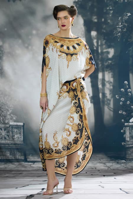 Shop_Rajdeep Ranawat_Black Silk Embroidery Boat Neck Kamini Regal Print Asymmetric Top With Skirt 