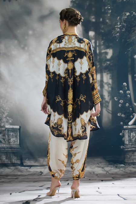 Shop_Rajdeep Ranawat_Black Silk Collared Mabel Regal Print Tunic _at_Aza_Fashions