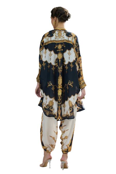 Buy_Rajdeep Ranawat_Black Silk Collared Mabel Regal Print Tunic _Online_at_Aza_Fashions