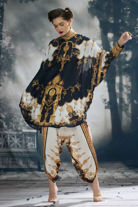 Shop_Rajdeep Ranawat_Black Silk Collared Mabel Regal Print Tunic _Online_at_Aza_Fashions