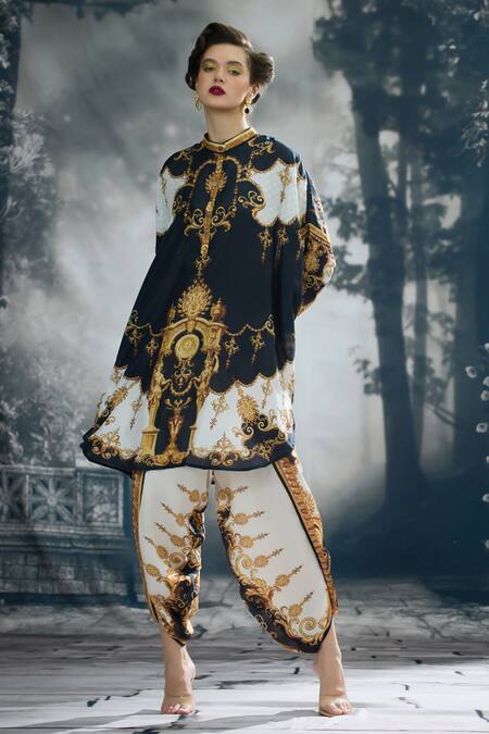 Rajdeep Ranawat_Black Silk Collared Mabel Regal Print Tunic _at_Aza_Fashions