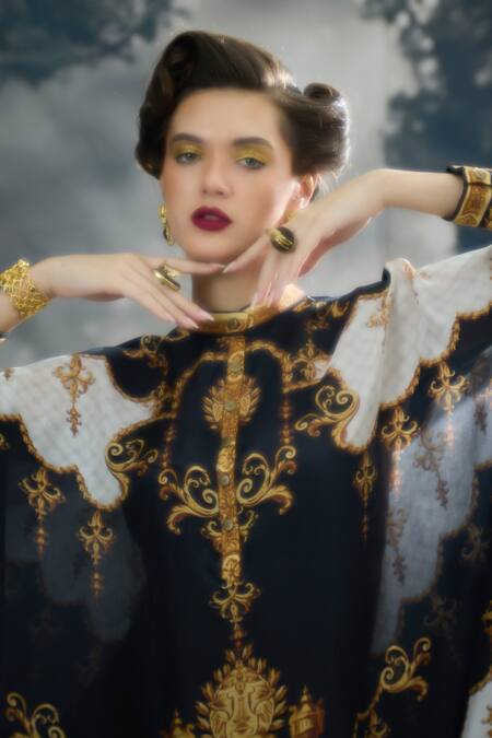 Shop_Rajdeep Ranawat_Black Silk Collared Mabel Regal Print Tunic 