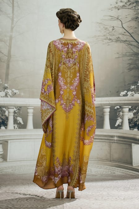Shop_Rajdeep Ranawat_Yellow Silk Round Neck Beatrice Side Panelled Kaftan _at_Aza_Fashions