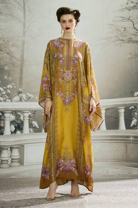 Rajdeep Ranawat_Yellow Silk Round Neck Beatrice Side Panelled Kaftan _Online_at_Aza_Fashions