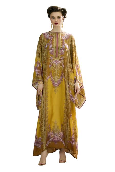 Buy_Rajdeep Ranawat_Yellow Silk Round Neck Beatrice Side Panelled Kaftan _Online_at_Aza_Fashions