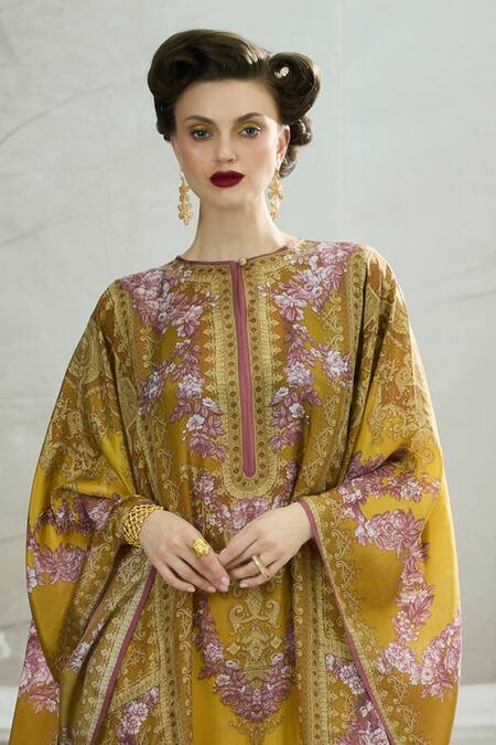 Shop_Rajdeep Ranawat_Yellow Silk Round Neck Beatrice Side Panelled Kaftan _Online_at_Aza_Fashions