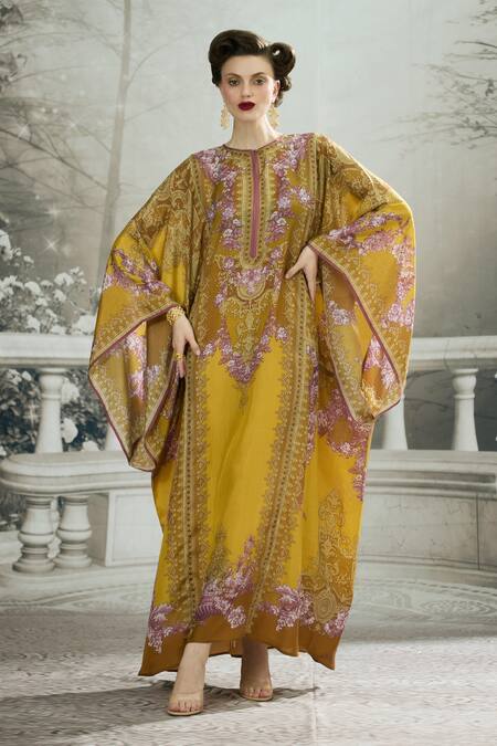 Rajdeep Ranawat_Yellow Silk Round Neck Beatrice Side Panelled Kaftan _at_Aza_Fashions