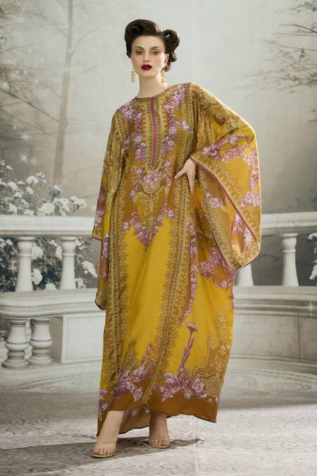 Buy_Rajdeep Ranawat_Yellow Silk Round Neck Beatrice Side Panelled Kaftan 