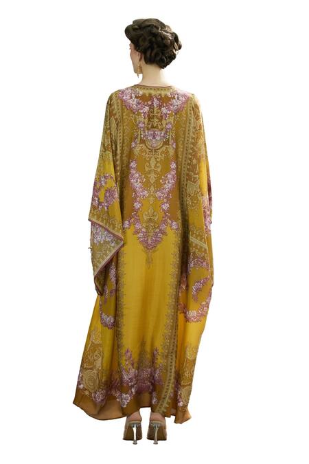 Shop_Rajdeep Ranawat_Yellow Silk Round Neck Beatrice Side Panelled Kaftan 