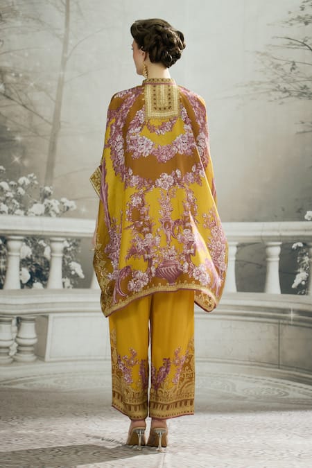 Shop_Rajdeep Ranawat_Yellow Silk Bandeau Neck Chanel Floral Print Kaftan Tunic _at_Aza_Fashions