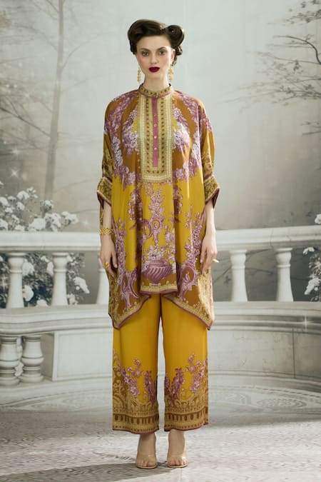 Rajdeep Ranawat_Yellow Silk Bandeau Neck Chanel Floral Print Kaftan Tunic _Online_at_Aza_Fashions