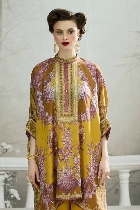 Buy_Rajdeep Ranawat_Yellow Silk Bandeau Neck Chanel Floral Print Kaftan Tunic _Online_at_Aza_Fashions