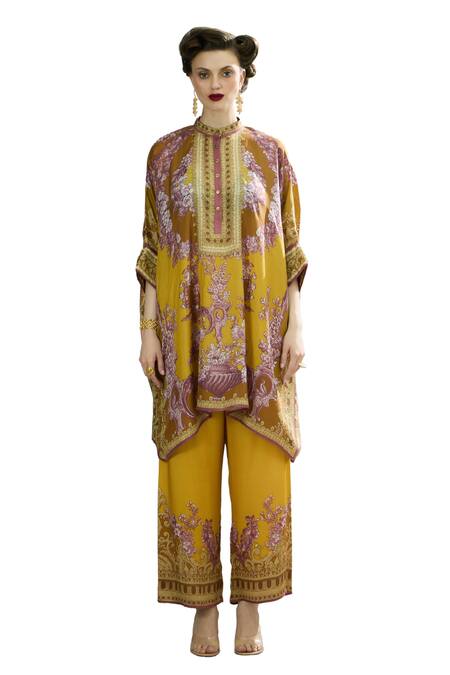 Shop_Rajdeep Ranawat_Yellow Silk Bandeau Neck Chanel Floral Print Kaftan Tunic _Online_at_Aza_Fashions