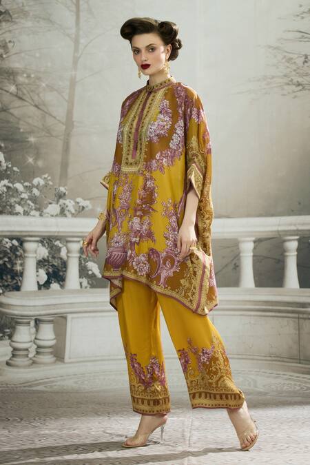 Rajdeep Ranawat_Yellow Silk Bandeau Neck Chanel Floral Print Kaftan Tunic _at_Aza_Fashions