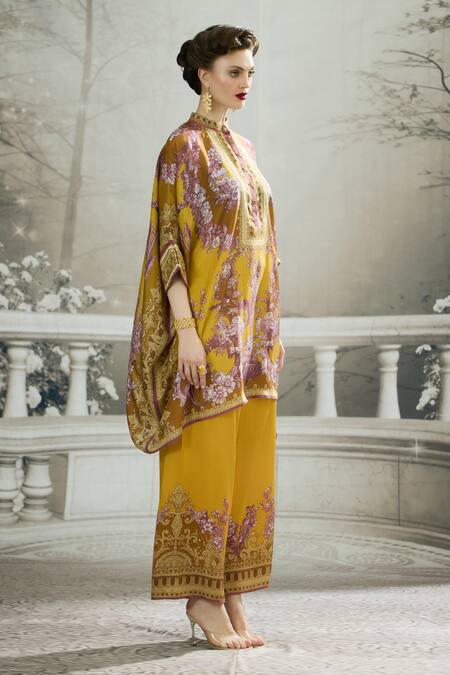 Buy_Rajdeep Ranawat_Yellow Silk Bandeau Neck Chanel Floral Print Kaftan Tunic 