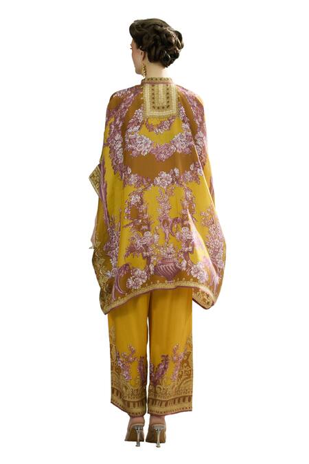 Shop_Rajdeep Ranawat_Yellow Silk Bandeau Neck Chanel Floral Print Kaftan Tunic 