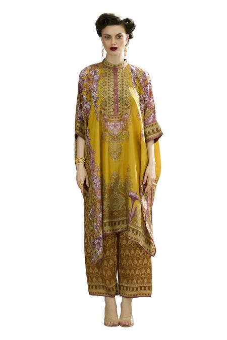 Buy_Rajdeep Ranawat_Yellow Silk Bandeau Neck Chantelle Printed Asymmetric Tunic _Online_at_Aza_Fashions