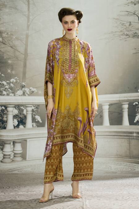 Shop_Rajdeep Ranawat_Yellow Silk Bandeau Neck Chantelle Printed Asymmetric Tunic _Online_at_Aza_Fashions
