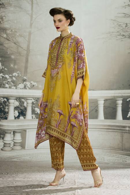 Rajdeep Ranawat_Yellow Silk Bandeau Neck Chantelle Printed Asymmetric Tunic _at_Aza_Fashions
