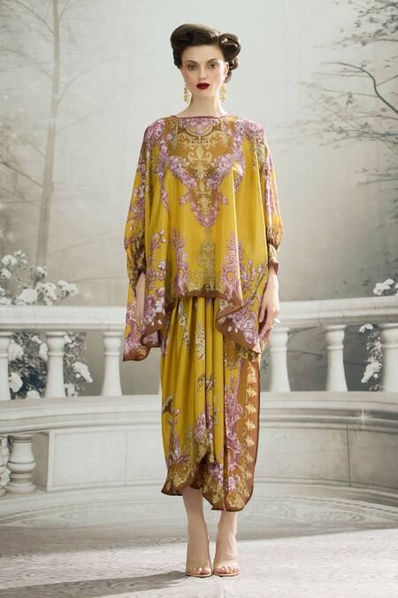 Rajdeep Ranawat_Yellow Silk Round Neck Collete Asymmetric Kaftan Top And Draped Skirt Set _Online_at_Aza_Fashions