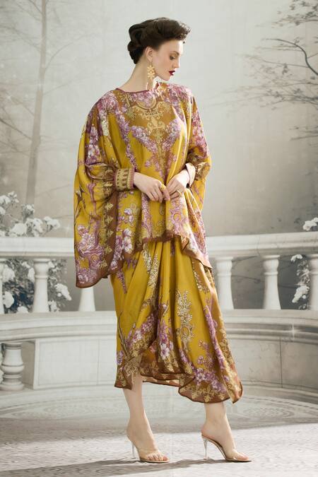 Buy_Rajdeep Ranawat_Yellow Silk Round Neck Collete Asymmetric Kaftan Top And Draped Skirt Set _Online_at_Aza_Fashions