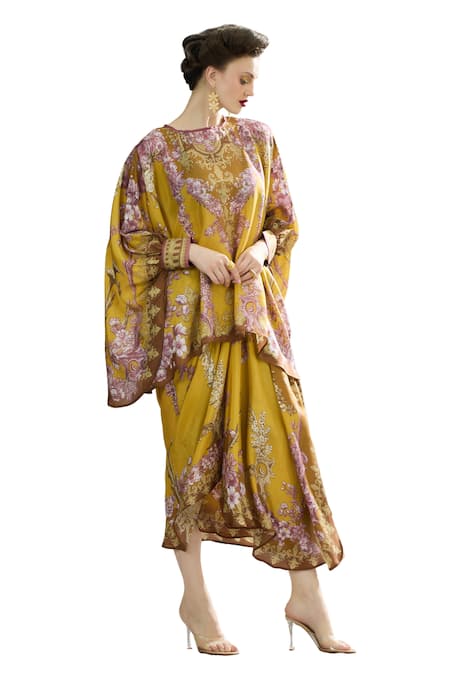 Shop_Rajdeep Ranawat_Yellow Silk Round Neck Collete Asymmetric Kaftan Top And Draped Skirt Set _Online_at_Aza_Fashions