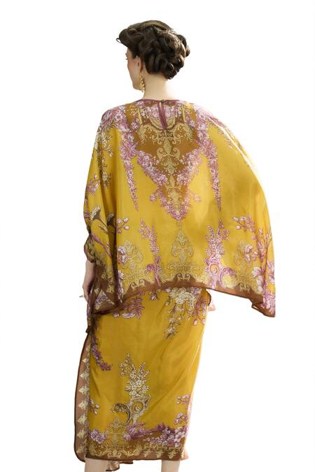 Rajdeep Ranawat_Yellow Silk Round Neck Collete Asymmetric Kaftan Top And Draped Skirt Set _at_Aza_Fashions