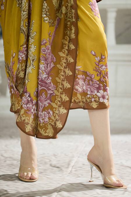 Buy_Rajdeep Ranawat_Yellow Silk Round Neck Collete Asymmetric Kaftan Top And Draped Skirt Set 