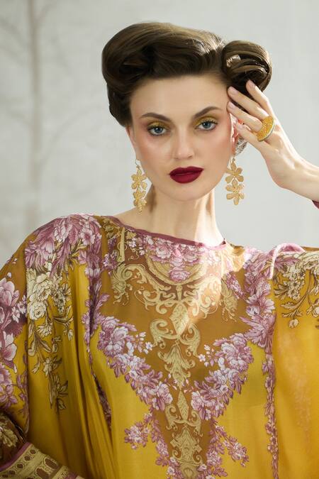 Shop_Rajdeep Ranawat_Yellow Silk Round Neck Collete Asymmetric Kaftan Top And Draped Skirt Set 