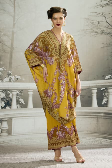Rajdeep Ranawat Yellow Silk Printed Floral V Neck Dalilah Draped Kaftan Tunic