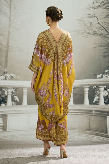 Shop_Rajdeep Ranawat_Yellow Silk Embroidery V-neck Dalilah Draped Kaftan Tunic _at_Aza_Fashions