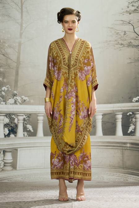 Rajdeep Ranawat_Yellow Silk Embroidery V-neck Dalilah Draped Kaftan Tunic _Online_at_Aza_Fashions