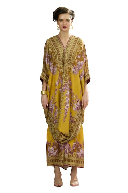 Buy_Rajdeep Ranawat_Yellow Silk Embroidery V-neck Dalilah Draped Kaftan Tunic _Online_at_Aza_Fashions