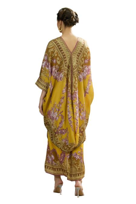Shop_Rajdeep Ranawat_Yellow Silk Embroidery V-neck Dalilah Draped Kaftan Tunic _Online_at_Aza_Fashions