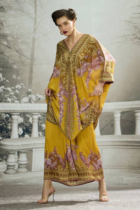 Rajdeep Ranawat_Yellow Silk Embroidery V-neck Dalilah Draped Kaftan Tunic _at_Aza_Fashions