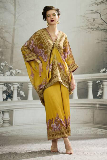 Buy_Rajdeep Ranawat_Yellow Silk Embroidery V-neck Dalilah Draped Kaftan Tunic 