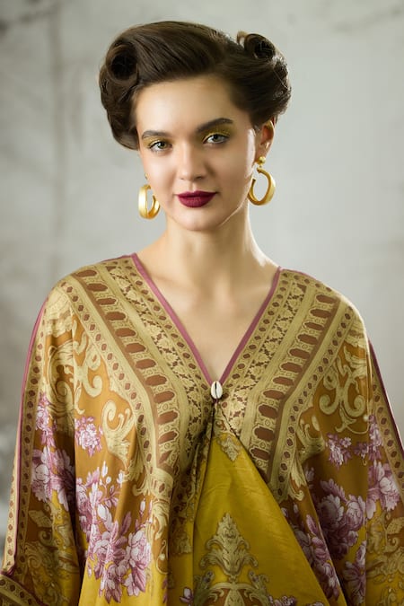 Shop_Rajdeep Ranawat_Yellow Silk Embroidery V-neck Dalilah Draped Kaftan Tunic 