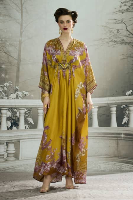 Rajdeep Ranawat_Yellow Silk Embroidery, Patchwork V-neck Imama Waist Bejewelled Kaftan _Online_at_Aza_Fashions