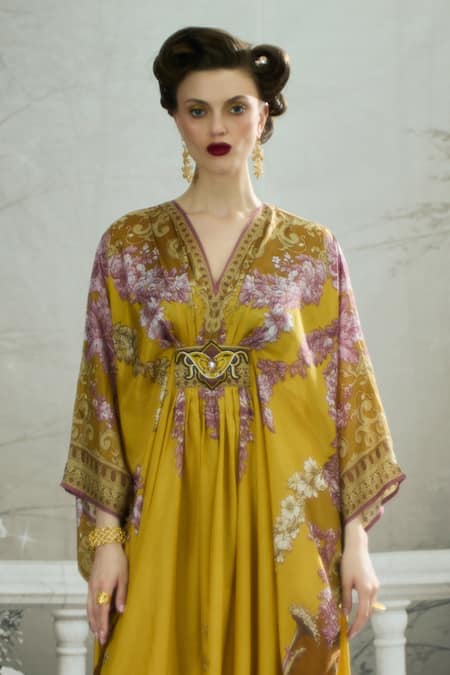 Buy_Rajdeep Ranawat_Yellow Silk Embroidery, Patchwork V-neck Imama Waist Bejewelled Kaftan _Online_at_Aza_Fashions