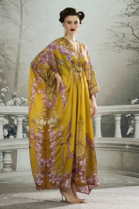 Shop_Rajdeep Ranawat_Yellow Silk Embroidery, Patchwork V-neck Imama Waist Bejewelled Kaftan _Online_at_Aza_Fashions