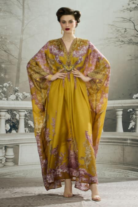 Rajdeep Ranawat_Yellow Silk Embroidery, Patchwork V-neck Imama Waist Bejewelled Kaftan _at_Aza_Fashions