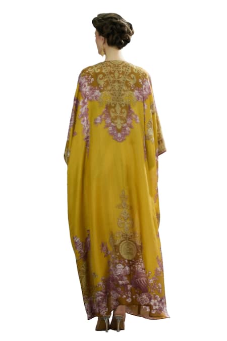 Buy_Rajdeep Ranawat_Yellow Silk Embroidery, Patchwork V-neck Imama Waist Bejewelled Kaftan 