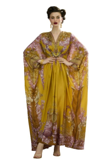 Shop_Rajdeep Ranawat_Yellow Silk Embroidery, Patchwork V-neck Imama Waist Bejewelled Kaftan 