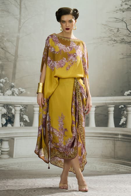 Rajdeep Ranawat Yellow Silk Printed Floral Boat Kamini Asymmetric Tunic And Draped Skirt Set