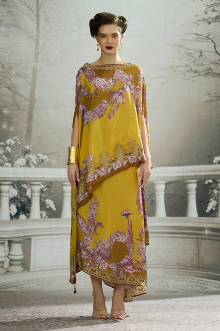 Rajdeep Ranawat_Yellow Silk Embroidery Boat Kamini Printed Asymmetric Tunic And Draped Skirt Set _Online_at_Aza_Fashions