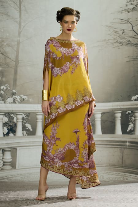 Buy_Rajdeep Ranawat_Yellow Silk Embroidery Boat Kamini Printed Asymmetric Tunic And Draped Skirt Set _Online_at_Aza_Fashions