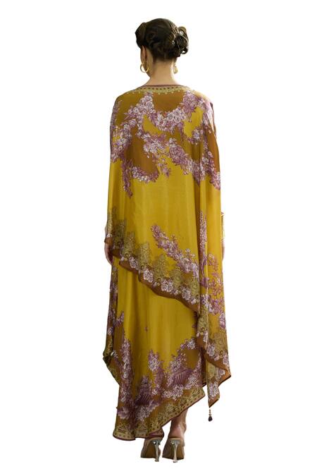 Shop_Rajdeep Ranawat_Yellow Silk Embroidery Boat Kamini Printed Asymmetric Tunic And Draped Skirt Set _Online_at_Aza_Fashions